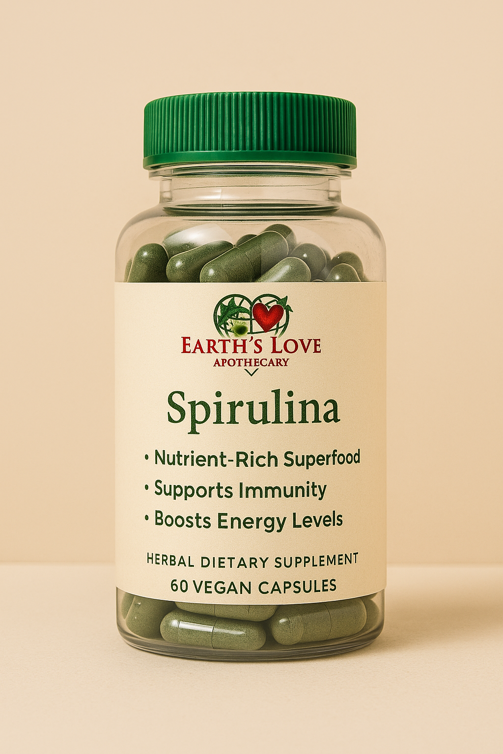 Spirulina – Daily Nutrient & Energy Support Capsules (Earth’s Love Apothecary – 60 Vegan Capsules)