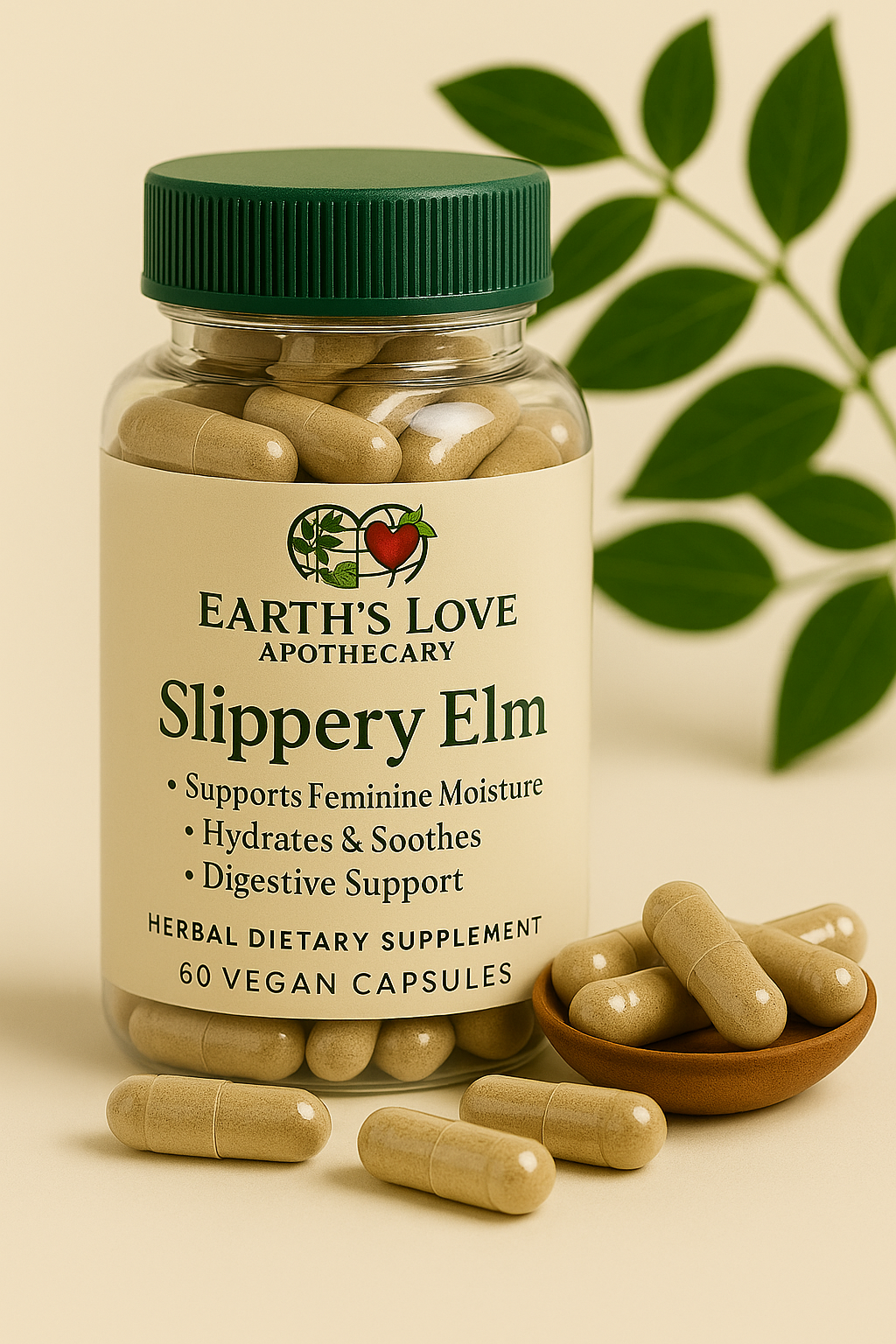 Slippery Elm – Moisture & Digestive Support Capsules
(Earth’s Love Apothecary – 60 Vegan Capsules)