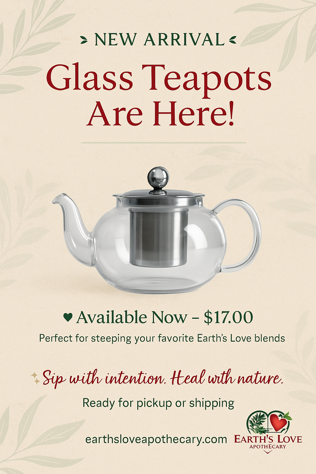 Earth’s Love Glass Teapot with Stainless Steel Infuser (600 mL)