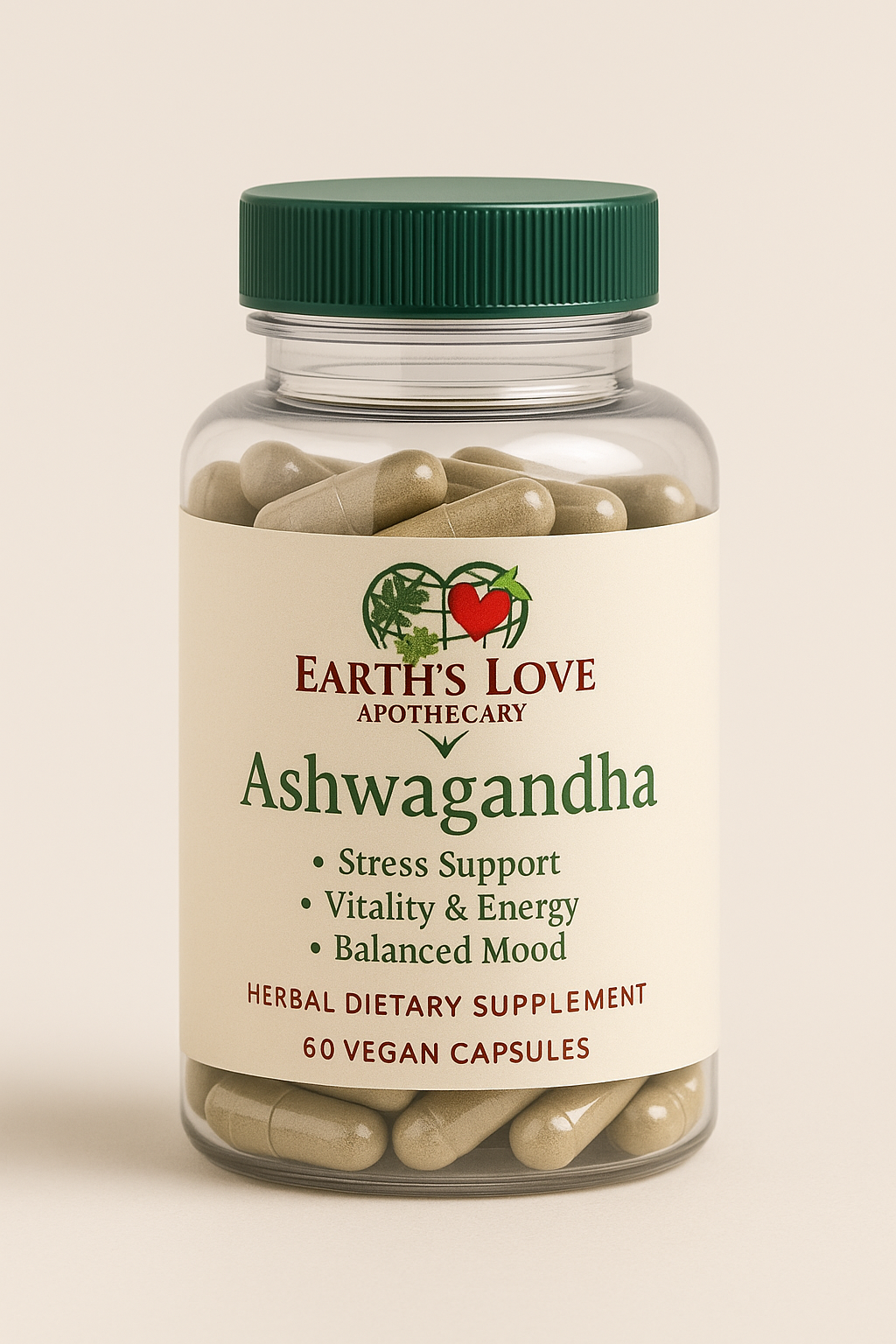 Ashwagandha – Stress & Energy Support Capsules
(Earth’s Love Apothecary – 60 Vegan Capsules)