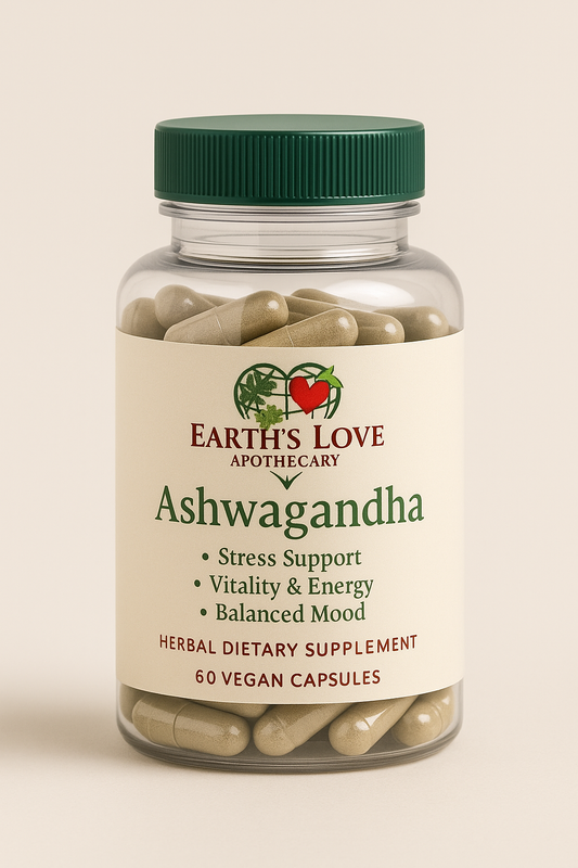 Ashwagandha – Stress & Energy Support Capsules
(Earth’s Love Apothecary – 60 Vegan Capsules)