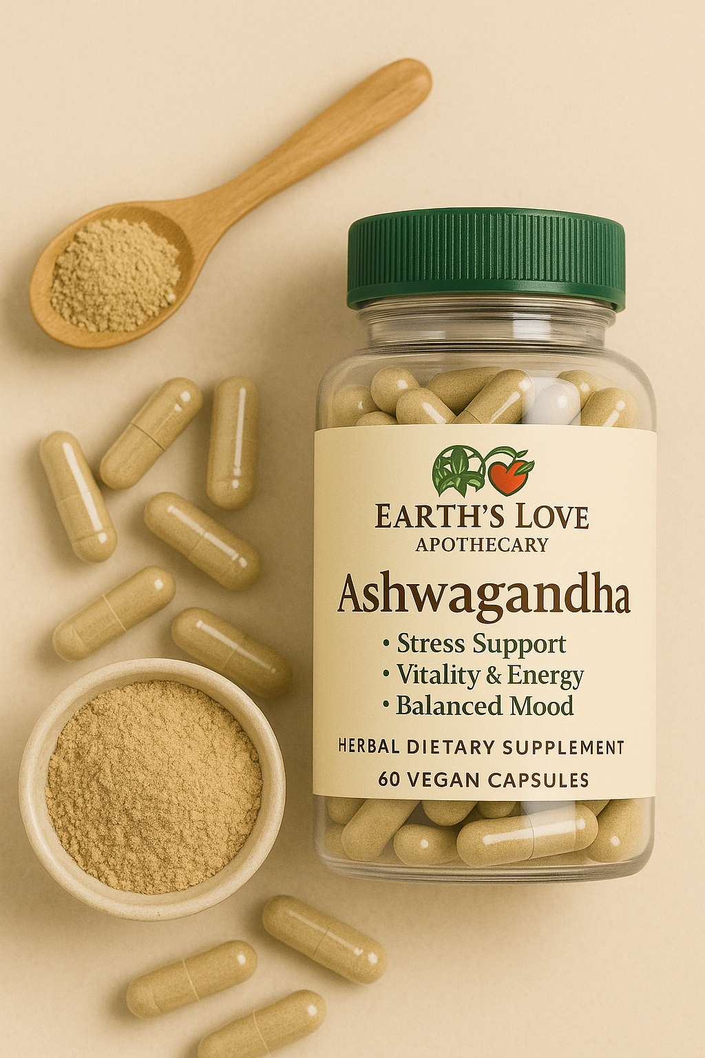 Ashwagandha – Stress & Energy Support Capsules
(Earth’s Love Apothecary – 60 Vegan Capsules)