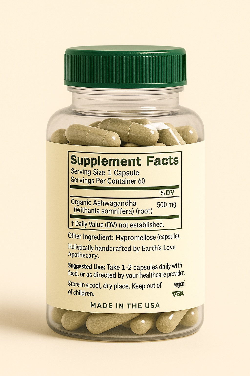 Ashwagandha – Stress & Energy Support Capsules
(Earth’s Love Apothecary – 60 Vegan Capsules)